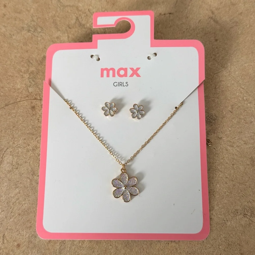 NEW Max Girls Gold Tone Flower Necklace & Stud Earrings Set Glitter Daisy jewlry
